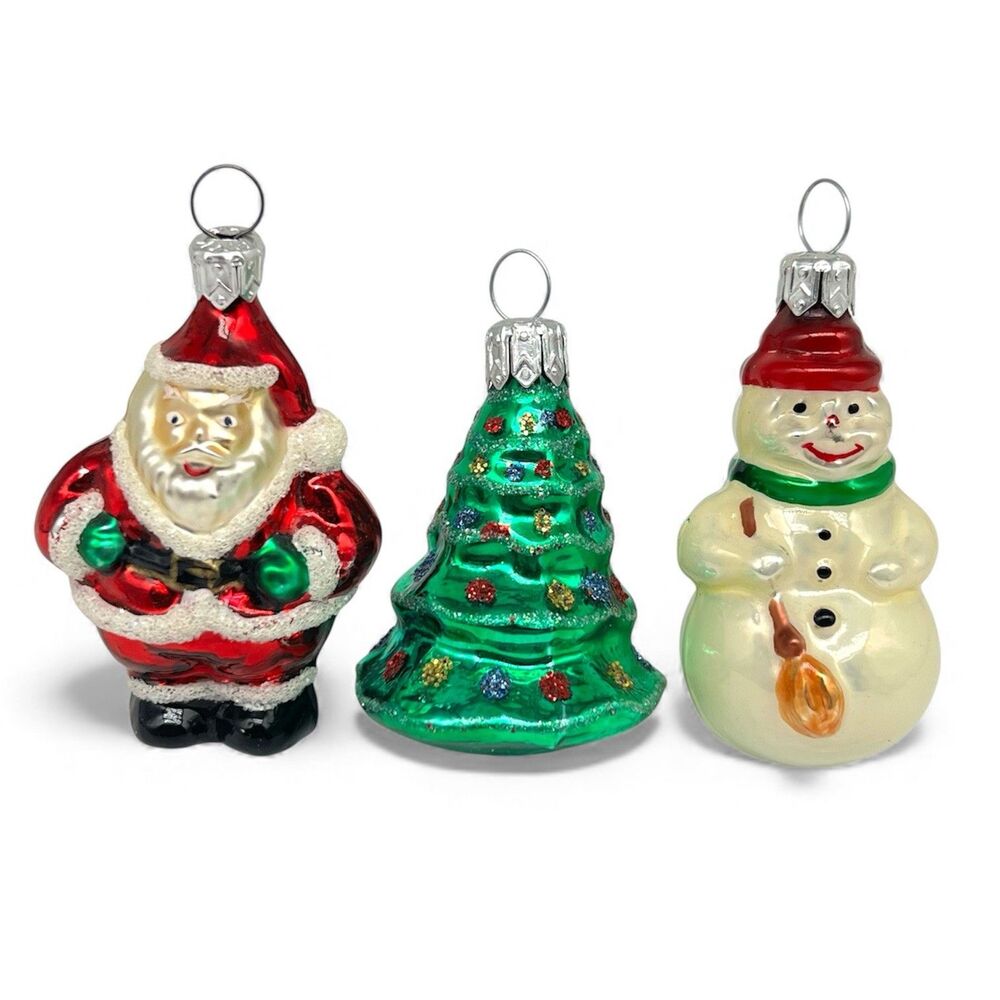 VTG Hallmark Blown Glass Christmas Ornaments 2.25" Santa Snowman Tree Set of 3